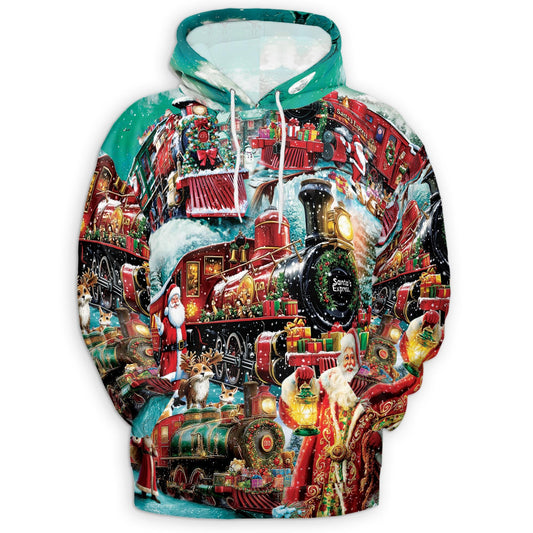 Santa Claus Christmas Train All Over Print Hoodie, Vintage Holiday Graphic Design