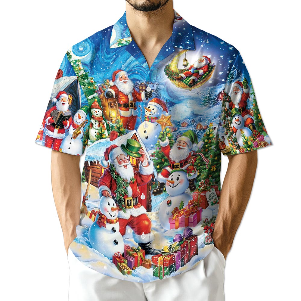 Santa Claus and Snowman Hawaiian Shirt for Men, Button Down Aloha Shirt - Azhawaiian