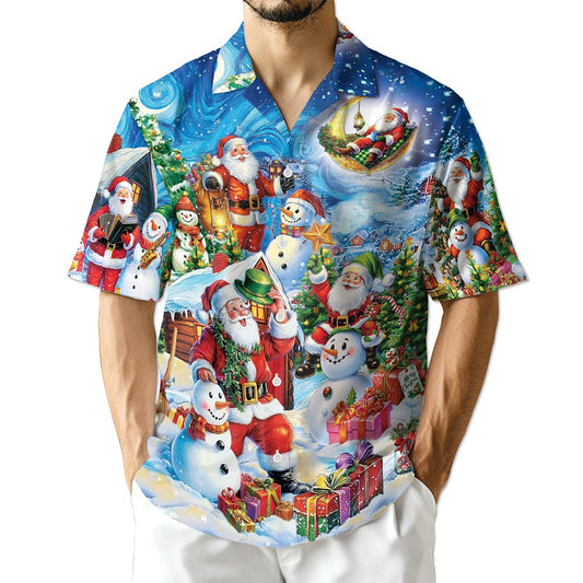 Santa Claus and Snowman Hawaiian Shirt for Men, Button Down Aloha Shirt