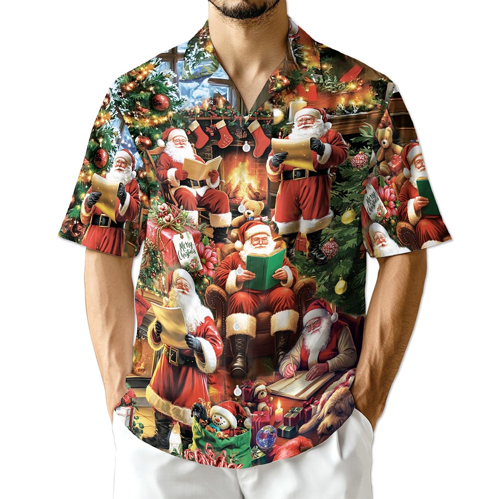 Santa Claus Reading Book Christmas Hawaiian Shirt for Men, Button Down Aloha Shirt - Azhawaiian