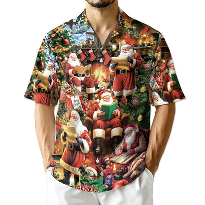 Santa Claus Reading Book Christmas Hawaiian Shirt for Men, Button Down Aloha Shirt - Azhawaiian