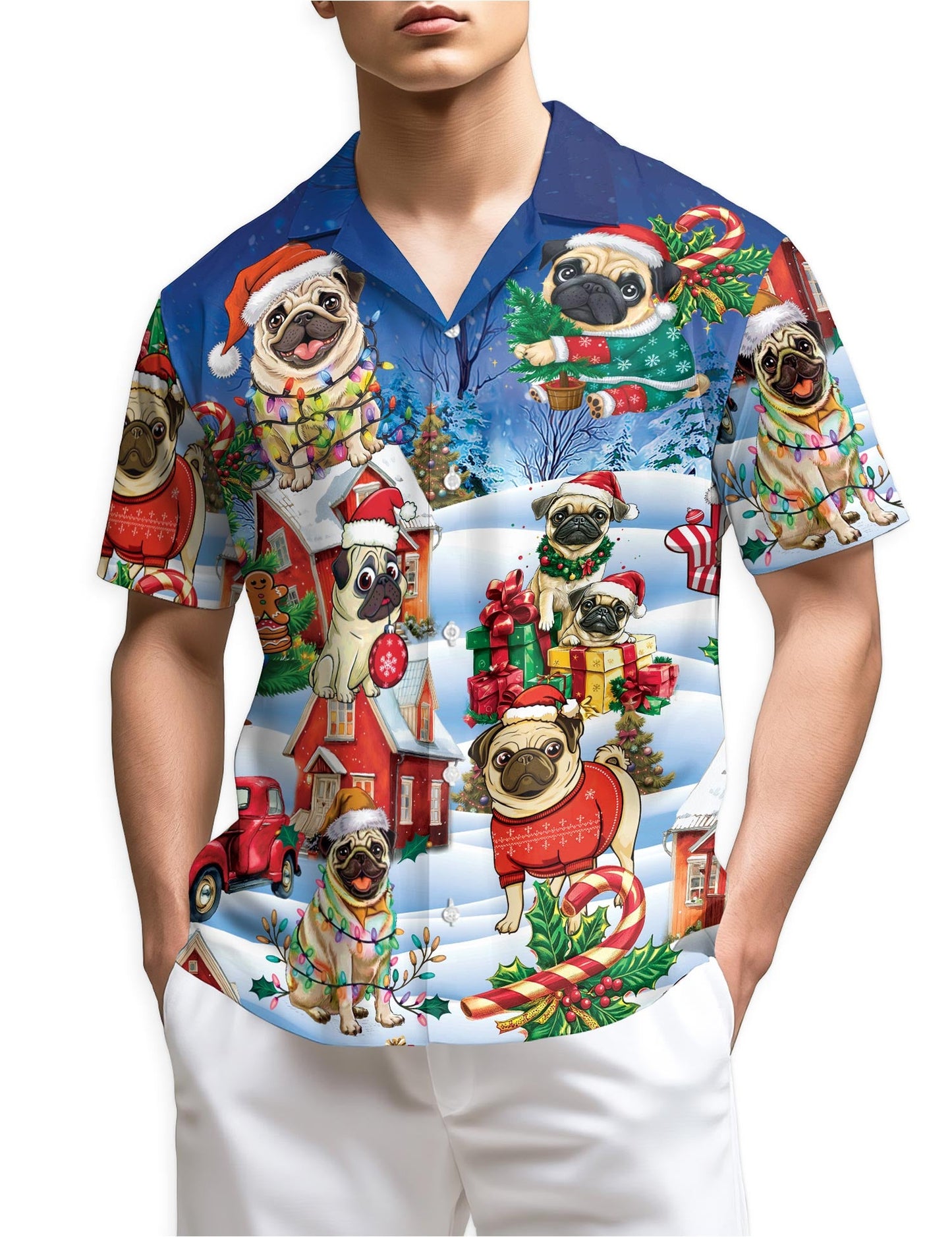 Funny Pug Christmas Hawaiian Shirt for Men, Button Down Aloha Shirt - Azhawaiian