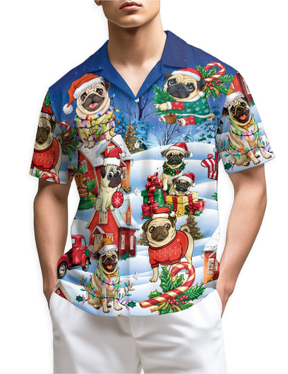 Funny Pug Christmas Hawaiian Shirt for Men, Button Down Aloha Shirt - Azhawaiian