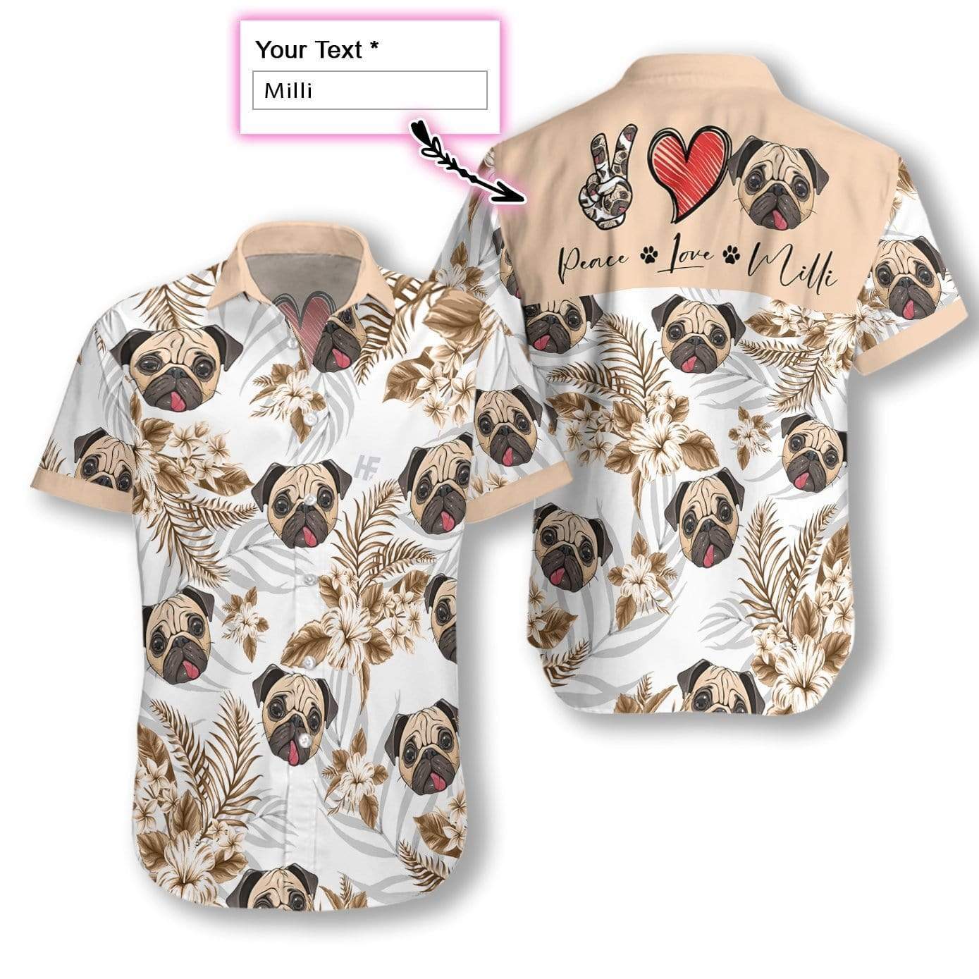 Personalized Peace Love Pug Dog Custom Hawaiian Aloha Shirts #V