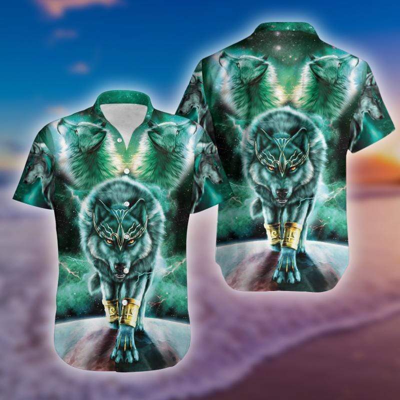 Hawaiian Aloha Shirts Green King Wolf #90421V