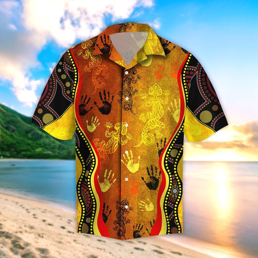 Aboriginal Australia Rock Painting Hand Lizard Art Golden Style Beach Shirt Hawaiian