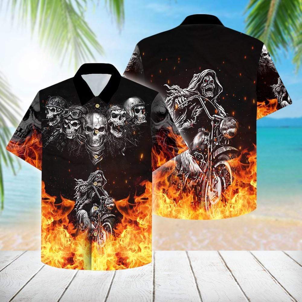 Grim Reaper Riding Motorcycles Flame Skull Hawaiian Aloha Shirts #KV