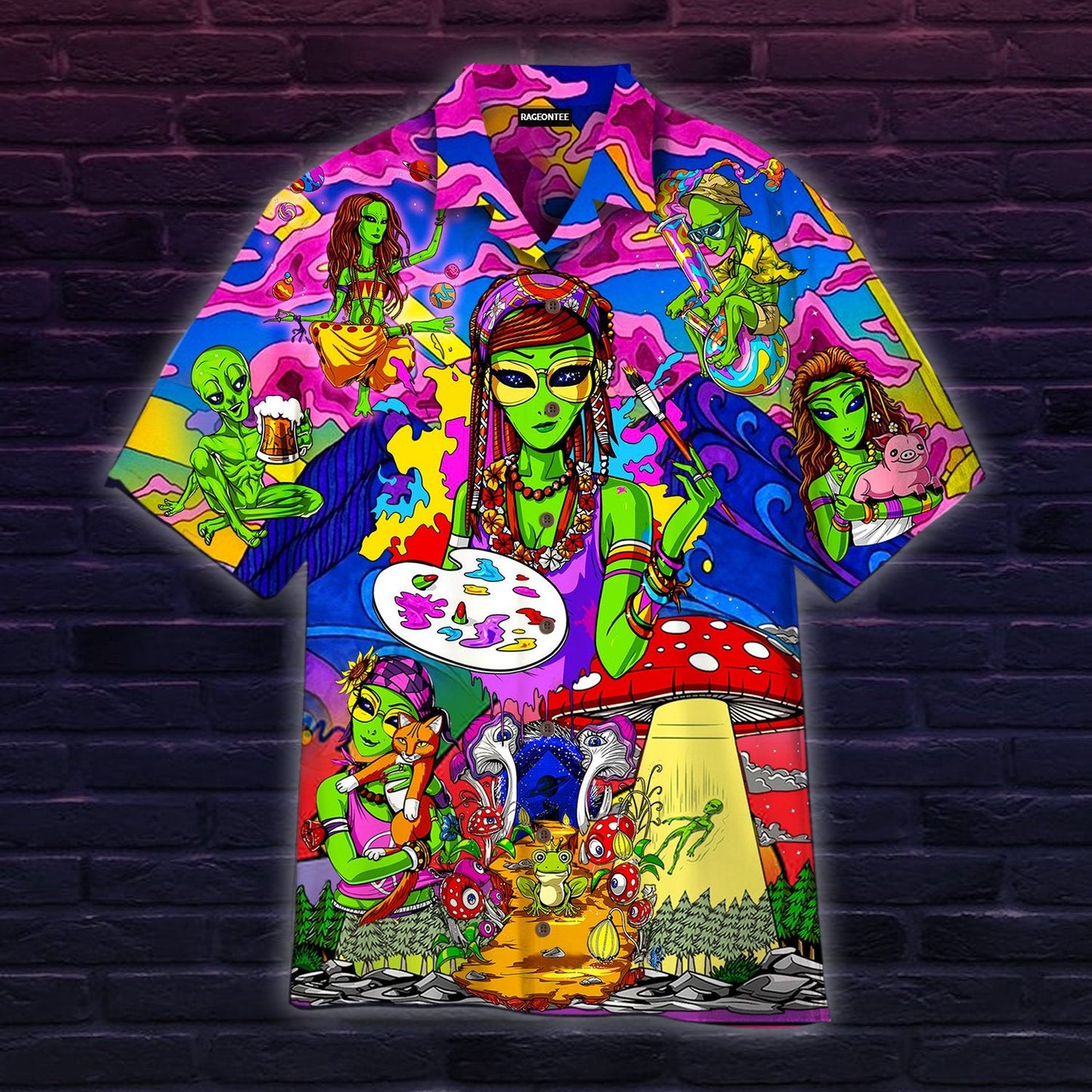 Alien In The World Of Mushrooms Hippie Hawaiian Shirt | For Men &amp;amp; Women | Adult | Hw4884