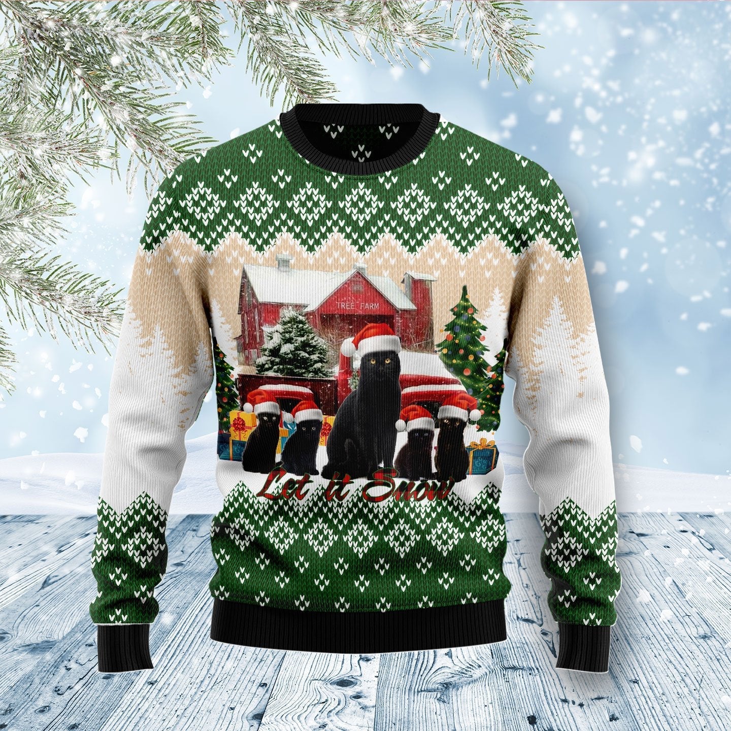 Black Cat Let It Snow Ugly Christmas Sweater 