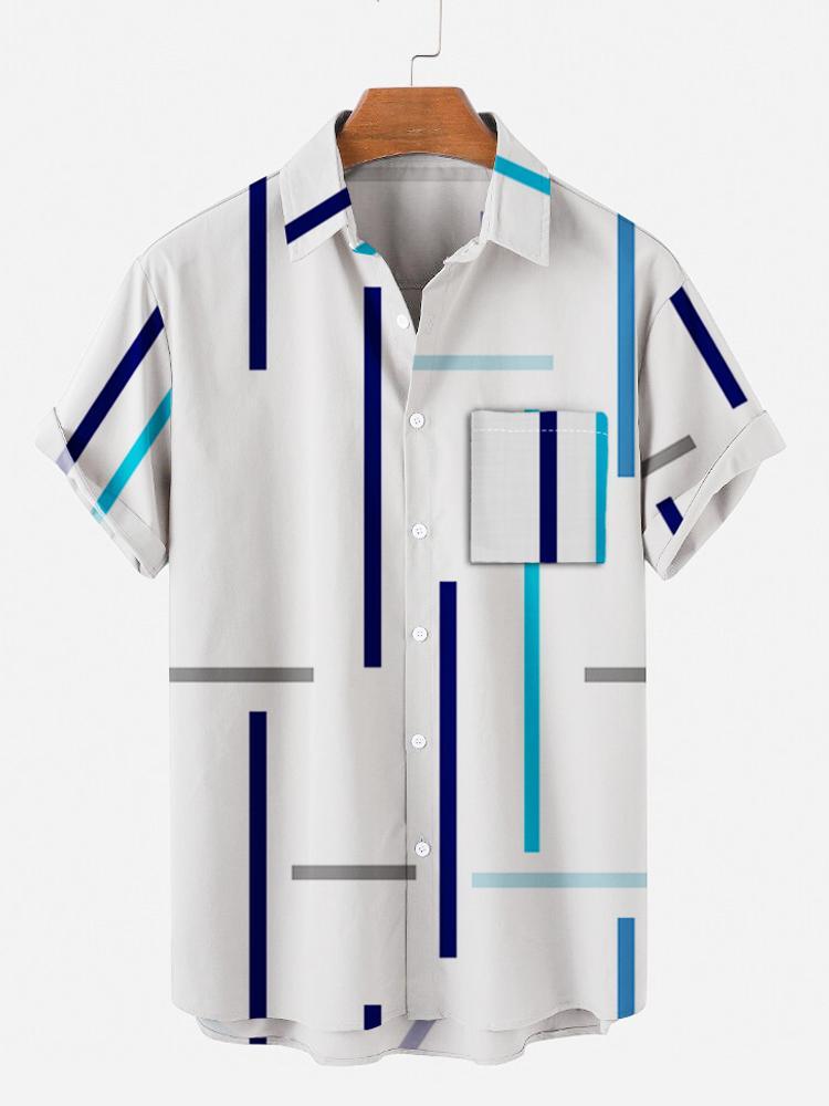 Irregular Blue Stripe Turndown Collar Button Down Mens Short Sleeve Shirt Hawaiian