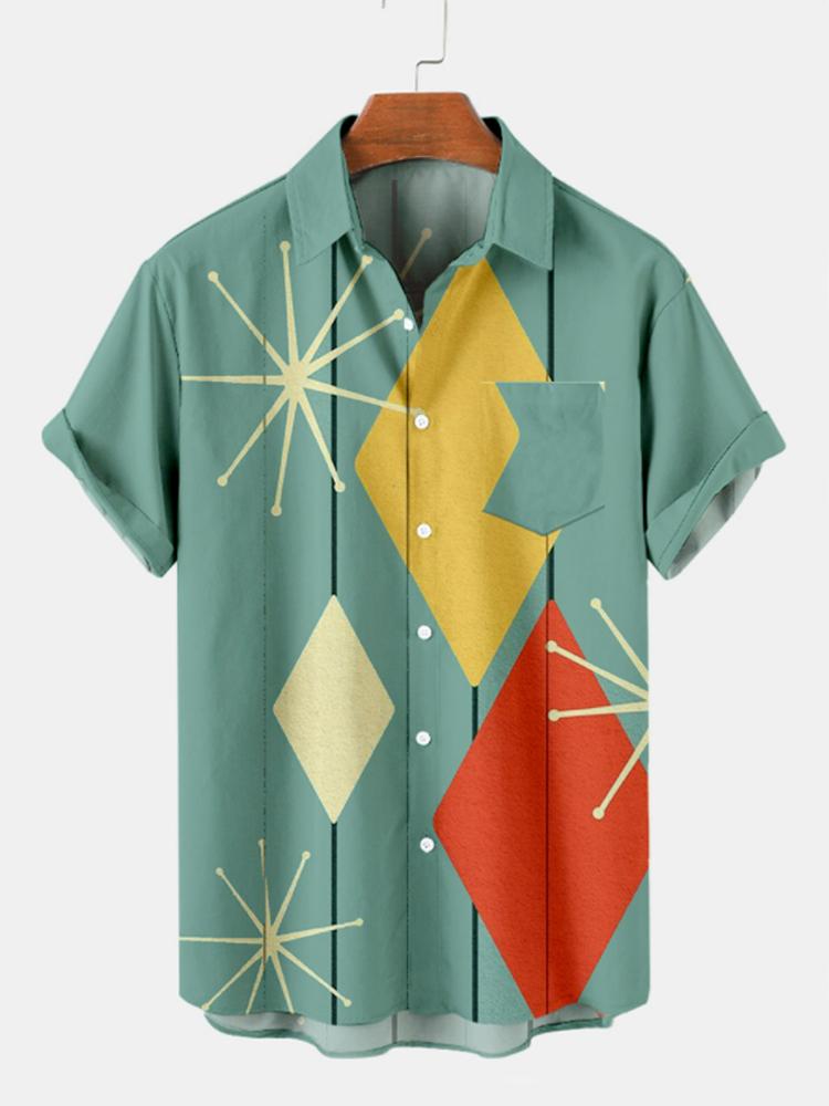 Square Printed Trendy Loose Short Sleeve Shirt Hawaiian
