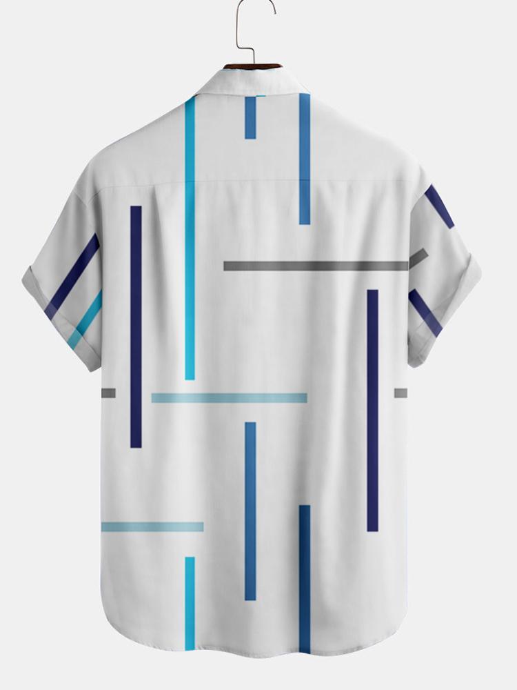 Irregular Blue Stripe Turndown Collar Button Down Mens Short Sleeve Shirt Hawaiian