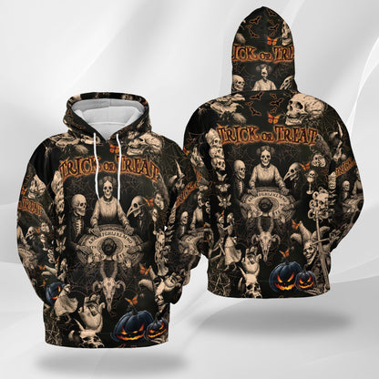 Vintage Skull Halloween All Over Print Hoodie, Graphic Design Pullover