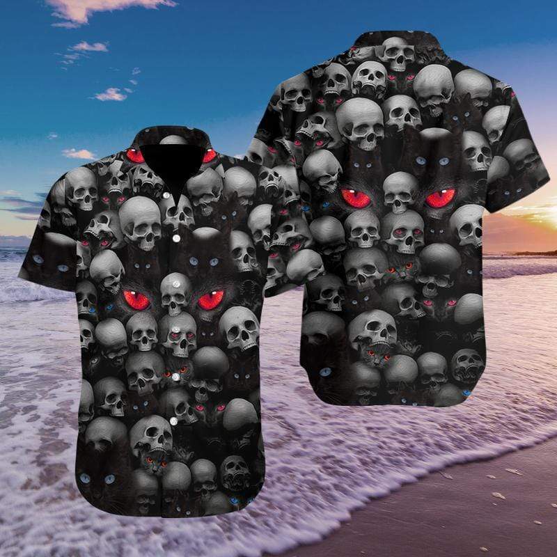 Hawaiian Aloha Shirts Red Eyes Cat and Skull #1209H