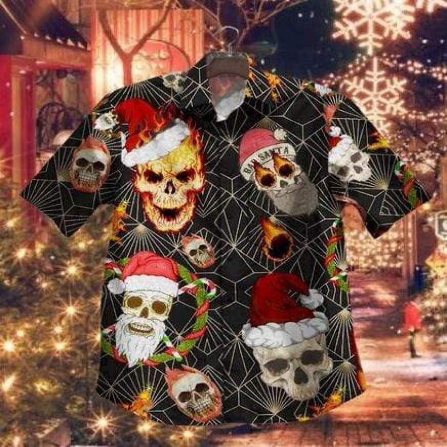 .Skull Santa Claws Fire Christmas Hawaiian Aloha Shirts #H