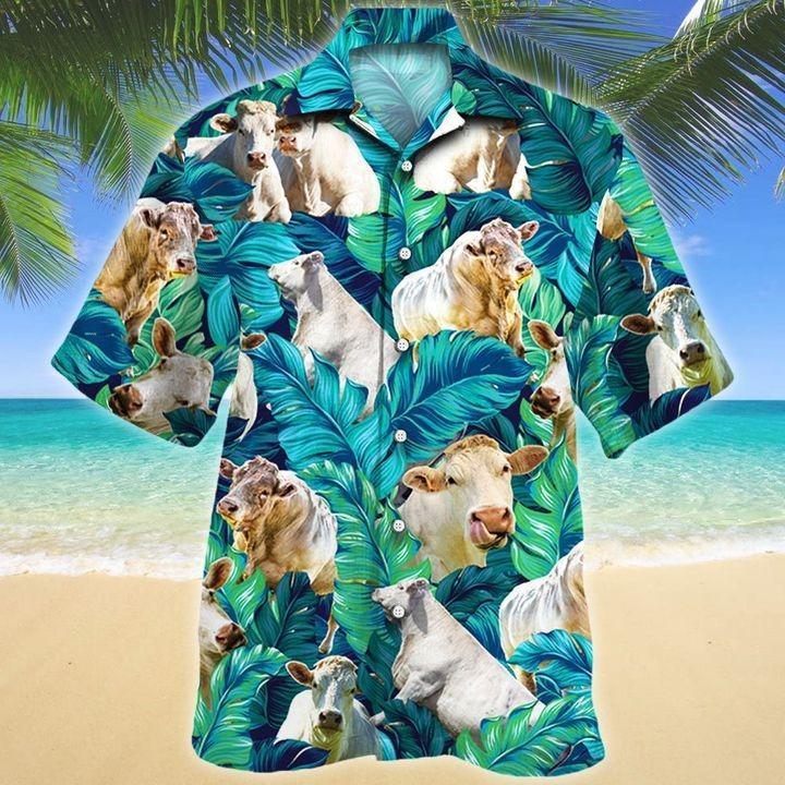 WHITE COW TROPICAL LEAF PATTERN HAWAIIAN SHIRT