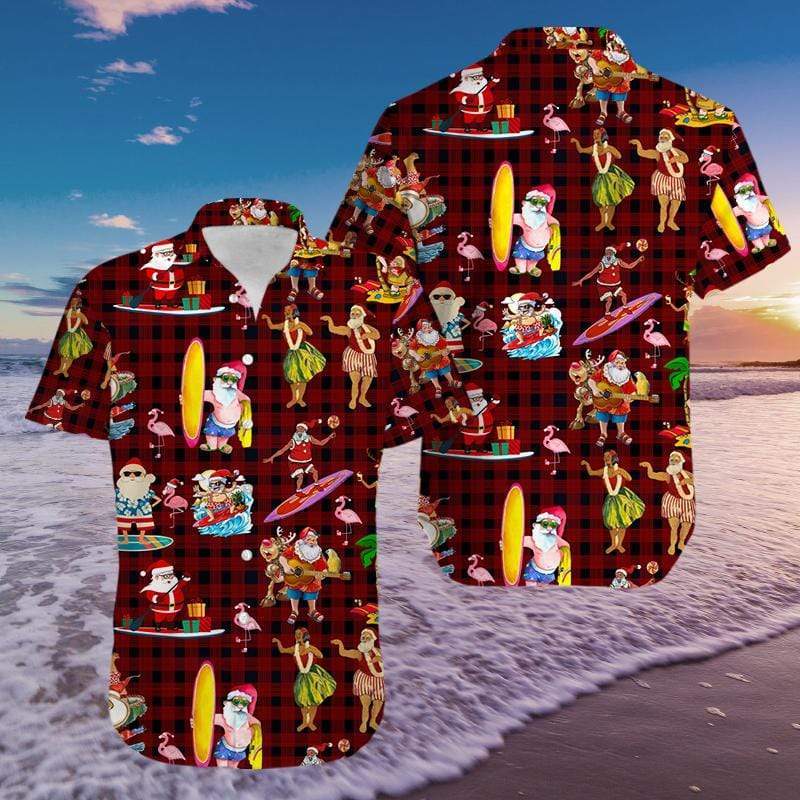 Funny Santa Claus Surfing Red Caro Pattern Hawaiian Aloha Shirts #3010h