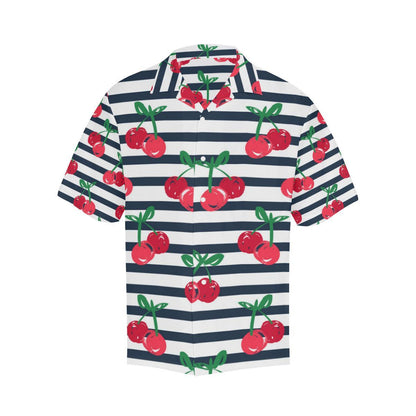 Hand Drawn Cherry Pattern Striped Background Mens All Over Print Hawaiian Shirt
