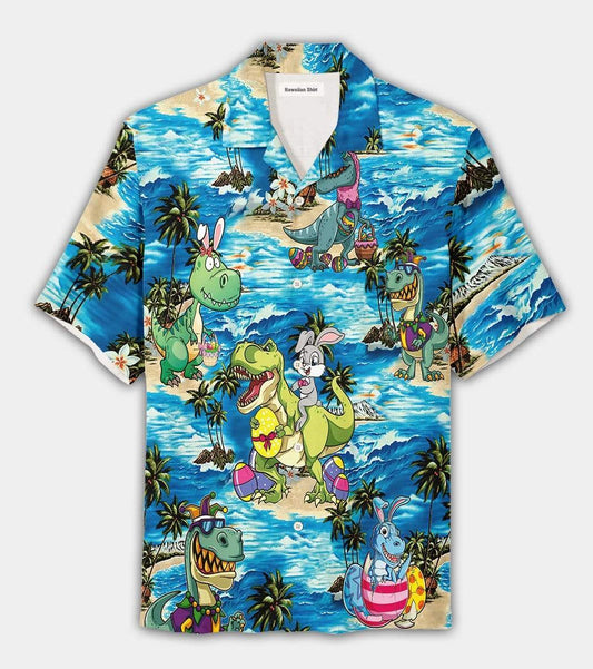 Happy Easter 2021 Funny Bunny Riding Dinosaur Unisex Hawaiian Aloha Shirts #DH