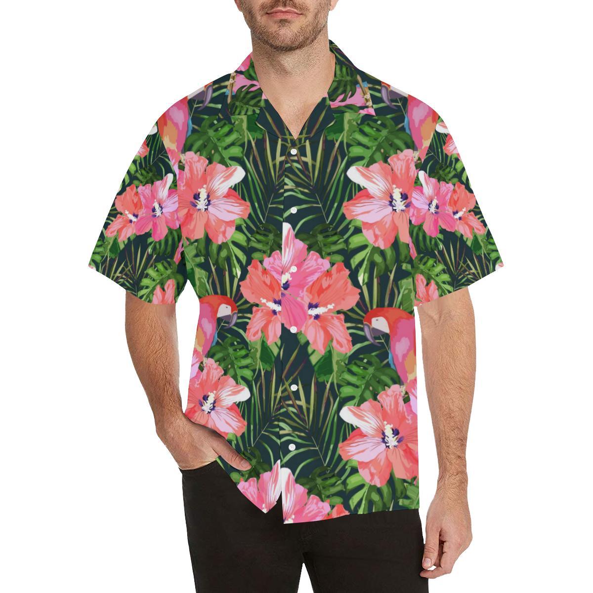 Parrot Leaves Pattern Mens All Over Print Hawaiian Shirt