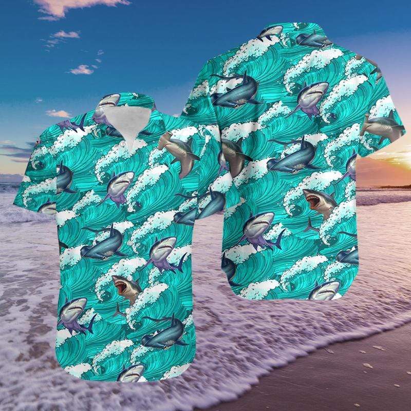 Funny Blue Shark On Wave Summer Vibe Tropical Hawaiian Aloha Shirts 