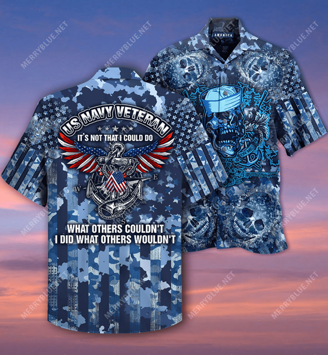 Soldier Veteran Navy Skull camo Hawaiian Aloha Shirts #V