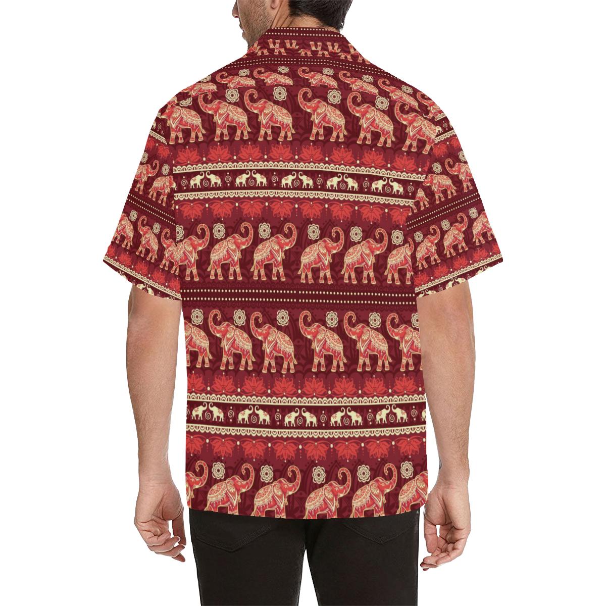 Elephant Red Pattern Ethnic Motifs Mens All Over Print Hawaiian Shirt