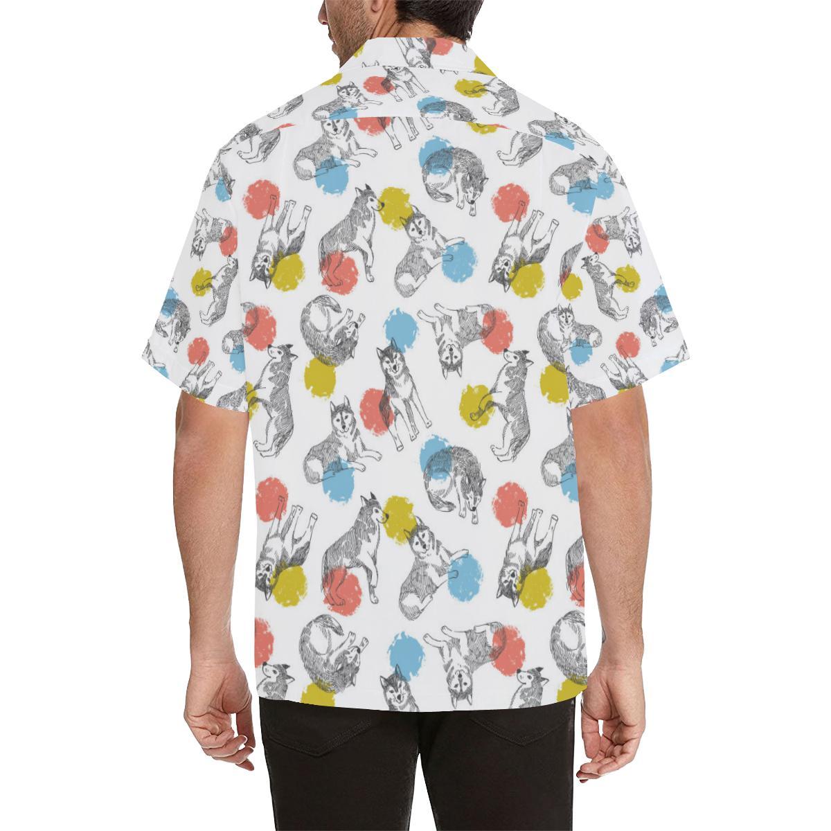 Siberian Husky And Colorful Circle Pattern Mens All Over Print Hawaiian Shirt