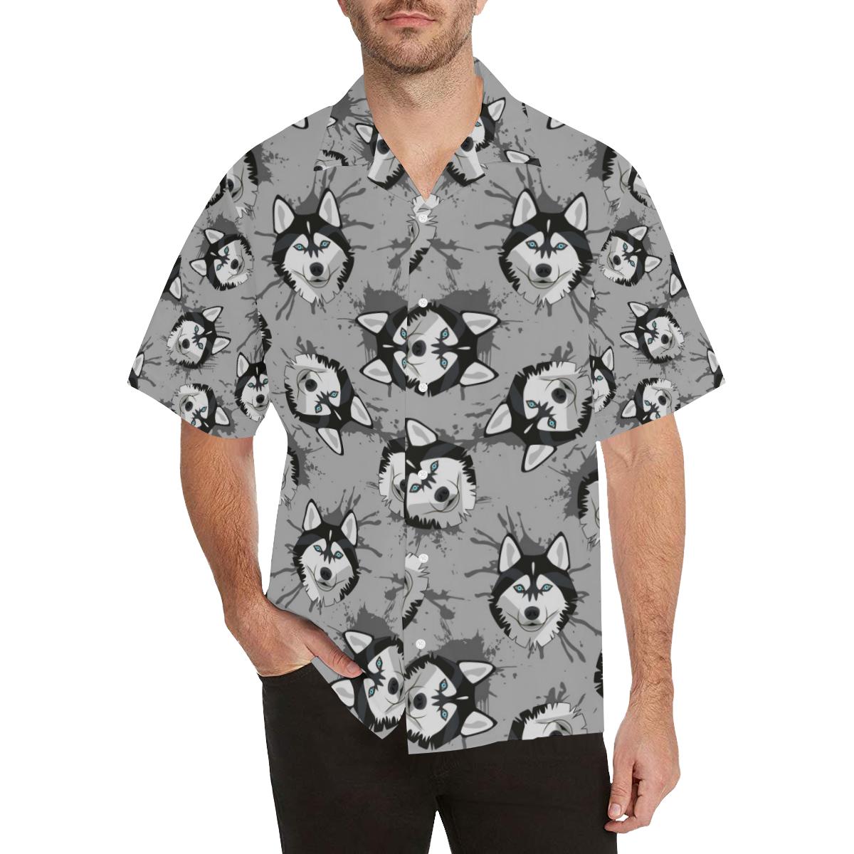 Siberian Husky Pattern Theme Mens All Over Print Hawaiian Shirt