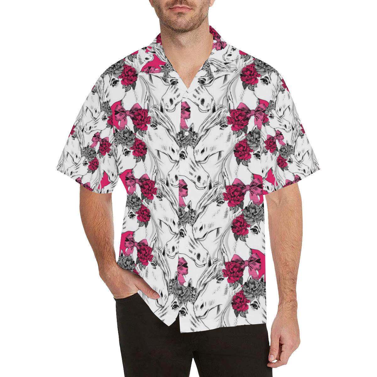 Horse Head Rose Pattern Mens All Over Print Hawaiian Shirt