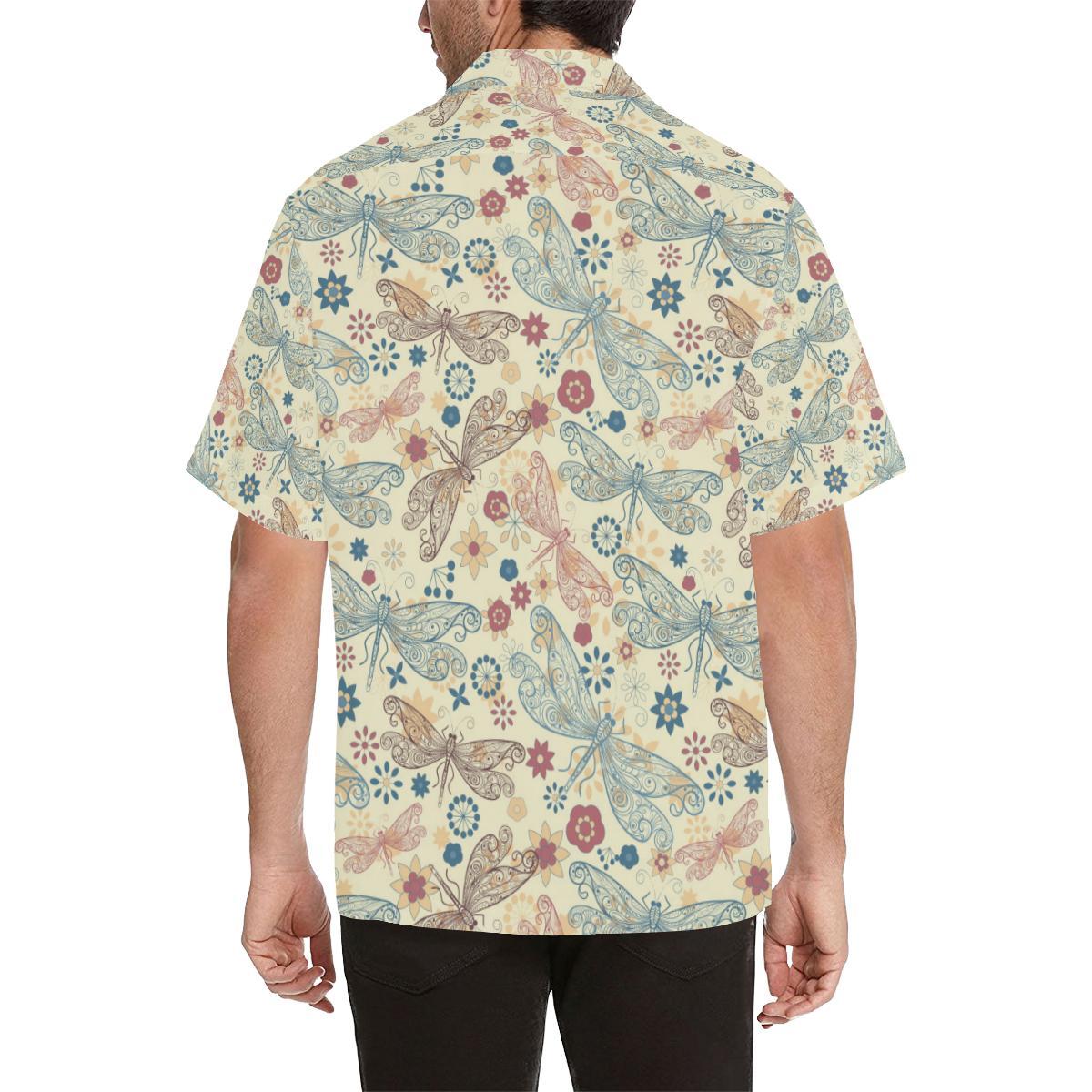 Dragonfly Flower Pattern Mens All Over Print Hawaiian Shirt