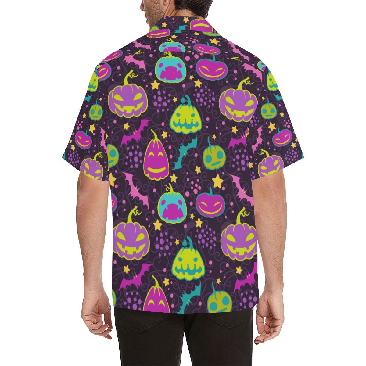 Halloween Pumpkin Bat Pattern Mens All Over Print Hawaiian Shirt