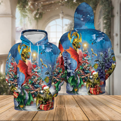 Christmas Dragons All Over Print Hoodie, Fantasy Dragon Graphic Design