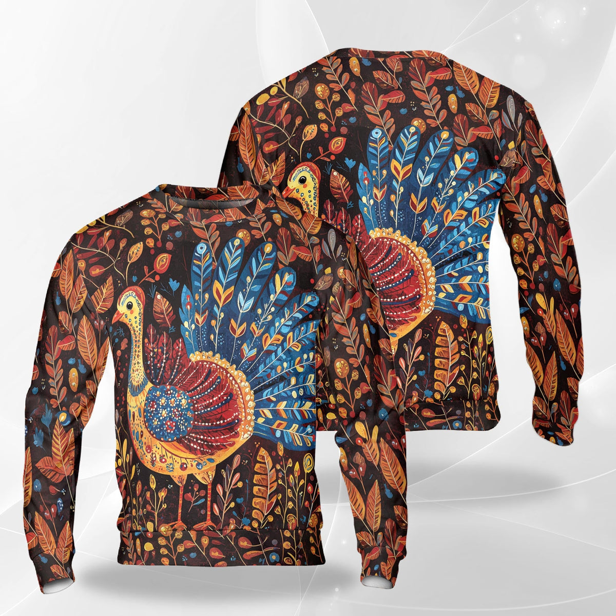 Folk Art Turkey Thanksgiving Sweatshirt – Colorful Graphic 3D All Over Print Design