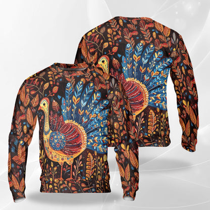 Folk Art Turkey Thanksgiving Sweatshirt – Colorful Graphic 3D All Over Print Design