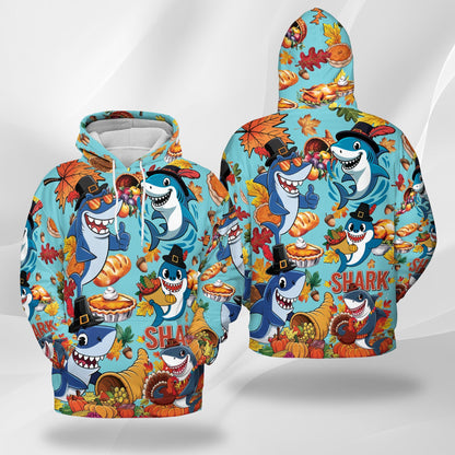 Shark Thanksgiving All Over Print Hoodie, Happy Turkey Day Graphic Design