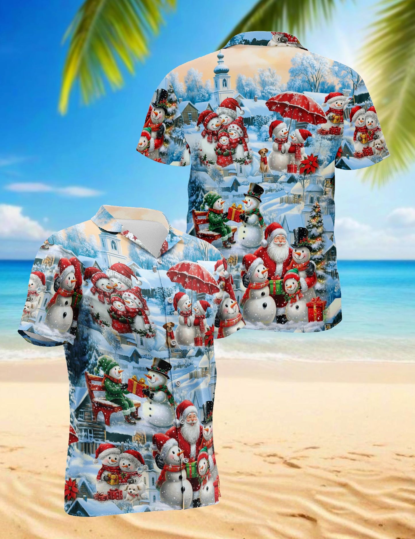 Snowman and Santa Claus Christmas Hawaiian Shirt for Men, Button Down Aloha Shirt - Azhawaiian
