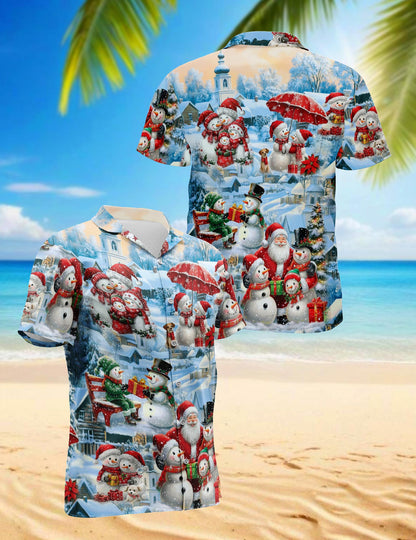 Snowman and Santa Claus Christmas Hawaiian Shirt for Men, Button Down Aloha Shirt - Azhawaiian