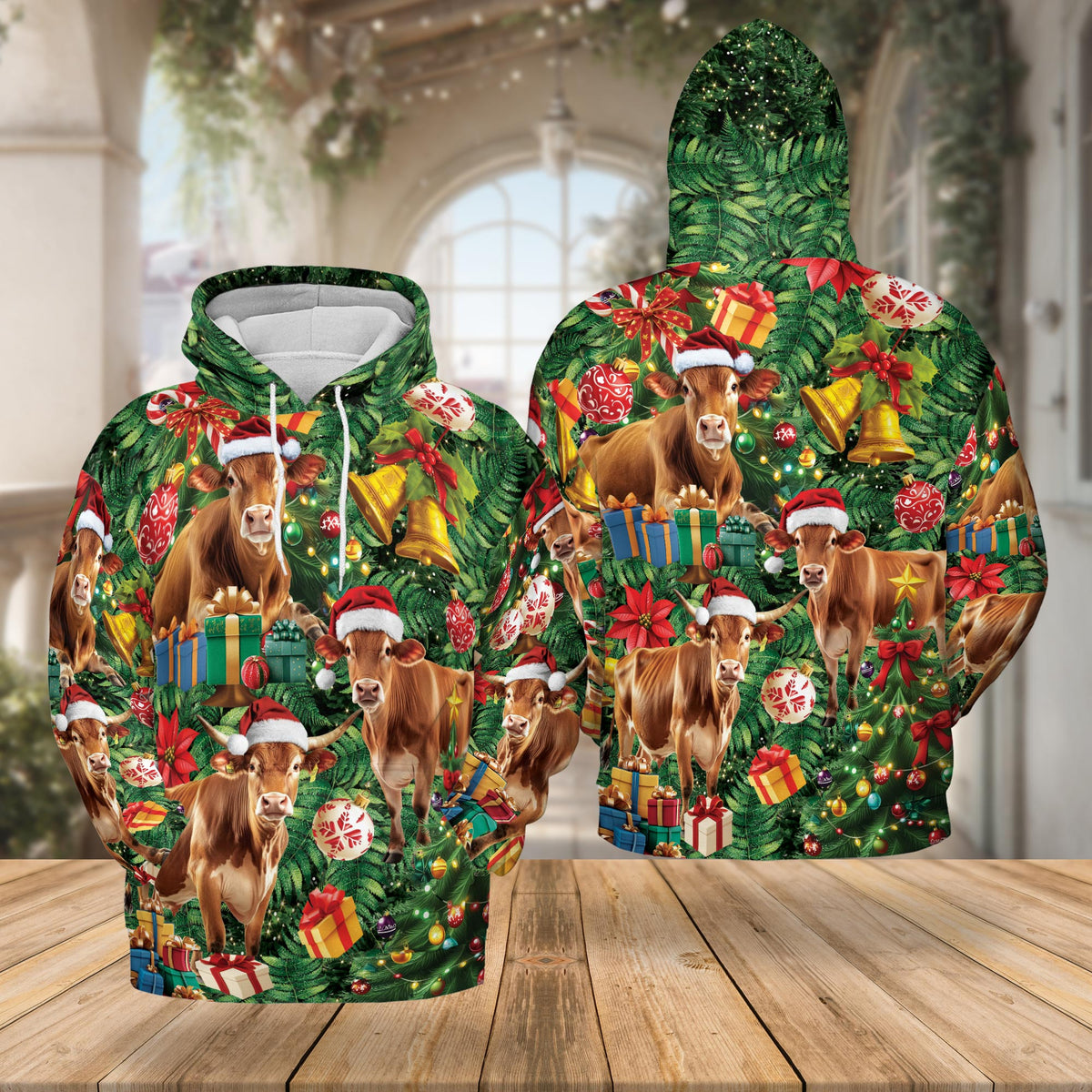 Christmas Cow All Over Print Hoodie, Santa Hat Farm Animal Graphic Design