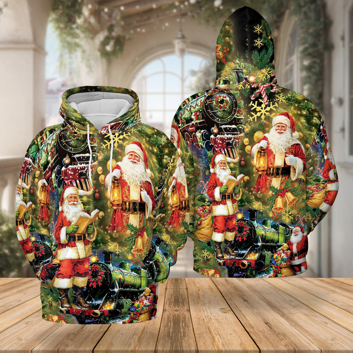 Santa Christmas Train All Over Print Hoodie, Festive Graphic Design