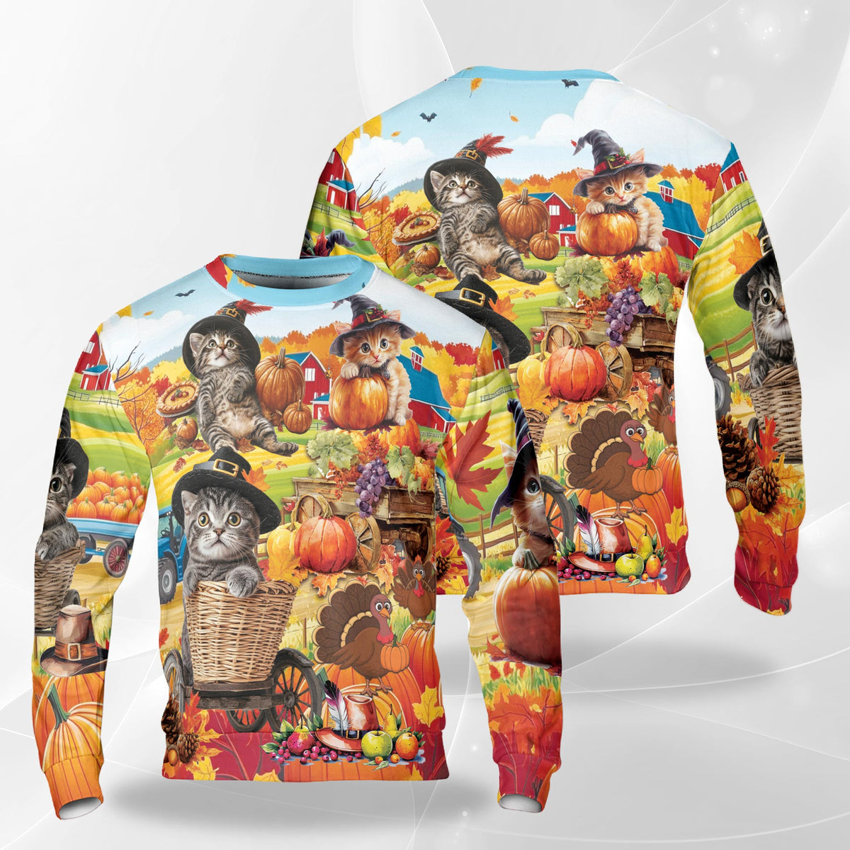 Thanksgiving Cat Autumn Sweatshirt – Colorful Graphic 3D All Over Print Design