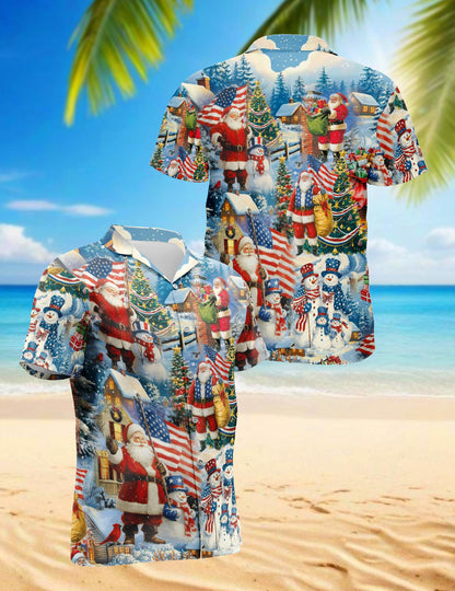 Vintage Santa Claus American Flag Christmas Hawaiian Shirt for Men, Button Down Aloha Shirt - Azhawaiian