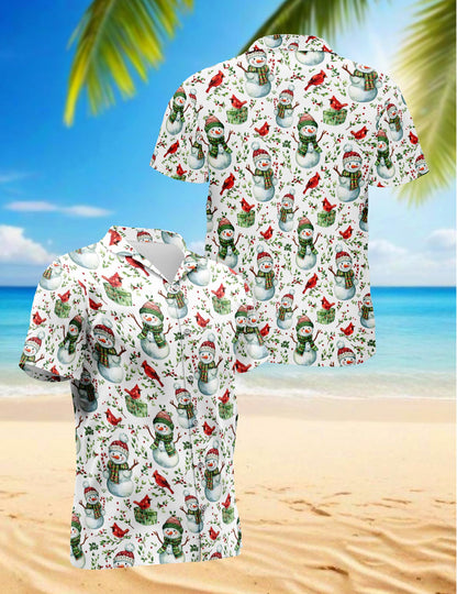 Snowman and Red Cardinal Christmas Hawaiian Shirt for Men, Button Down Aloha Shirt - Azhawaiian