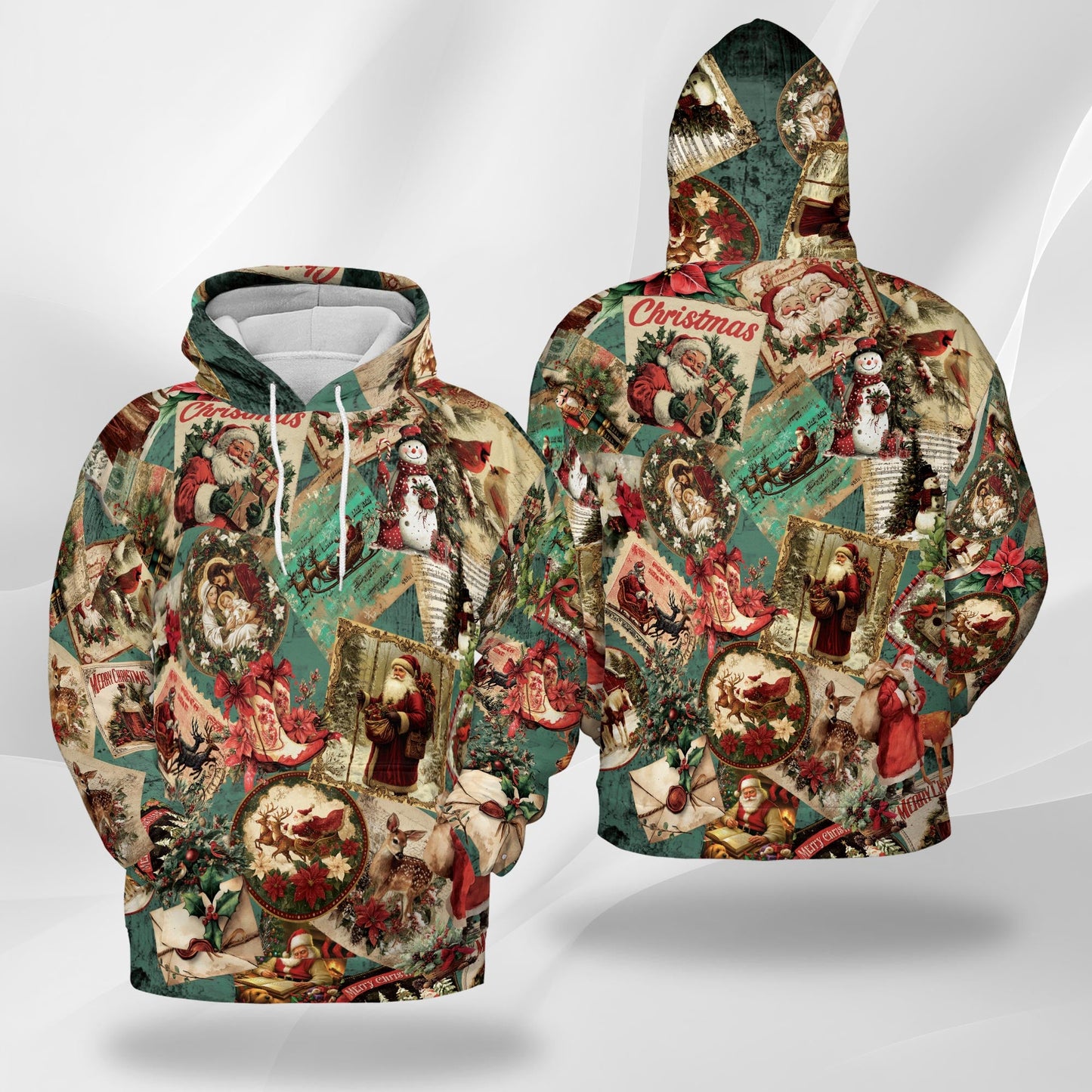 Merry Christmas Santa Claus All Over Print Hoodie, Retro Holiday Graphic Design
