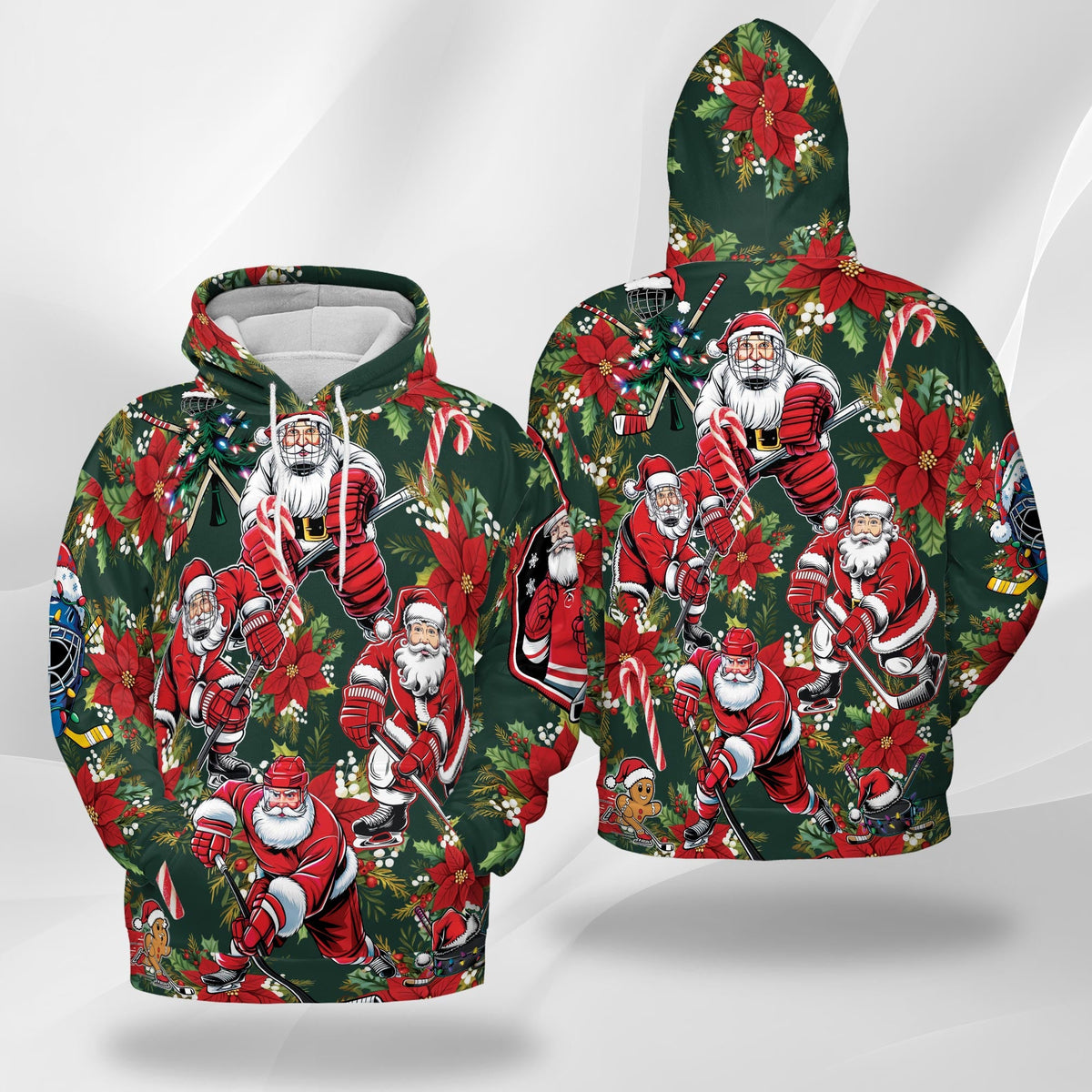 Santa Claus Hockey All Over Print Hoodie, Funny Christmas Sports Graphic Design