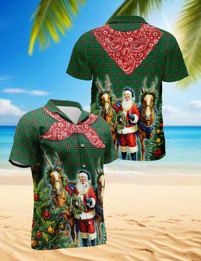 Santa Claus Cowboy Christmas Plaid Pattern Hawaiian Shirt for Men, Button Down Aloha Shirt - Azhawaiian