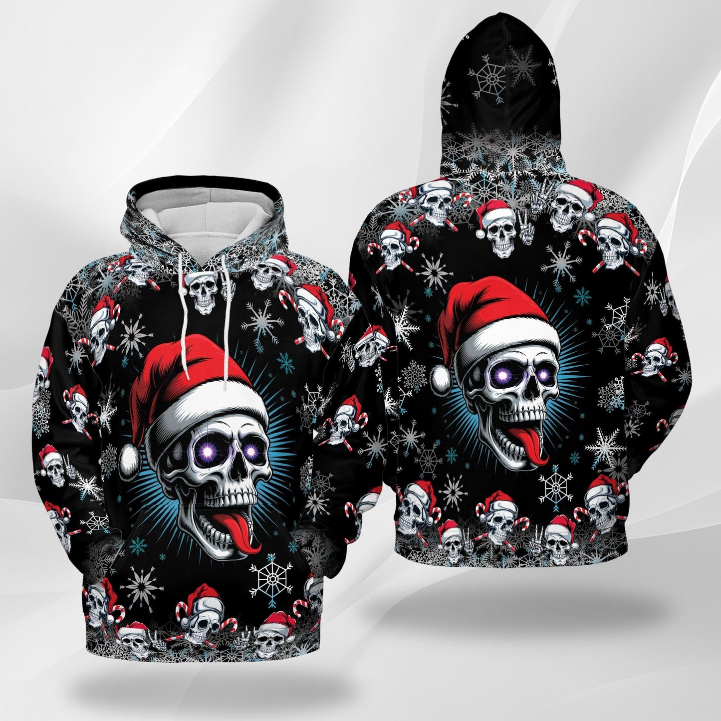 Skull Christmas All Over Print Hoodie, Santa Hat Skeleton Graphic Design