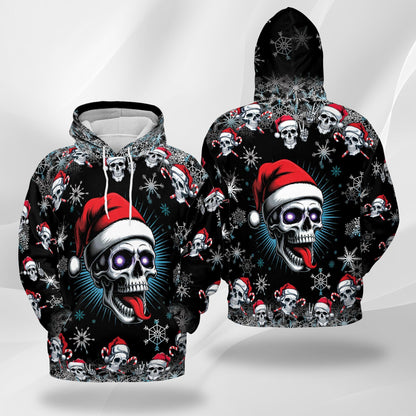 Skull Christmas All Over Print Hoodie, Santa Hat Skeleton Graphic Design