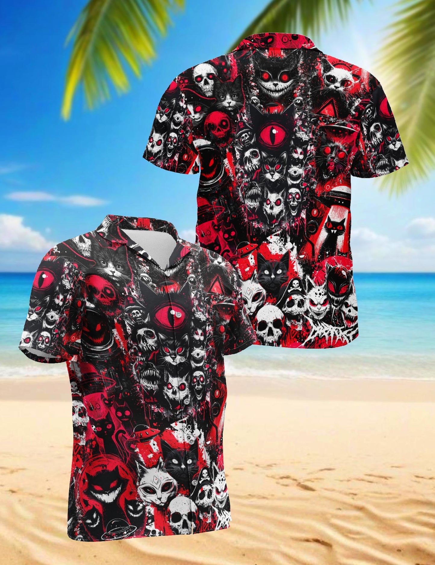 Black Cat UFO Alien Halloween Hawaiian Shirt for Men, Button Down Aloha Shirt - Azhawaiian