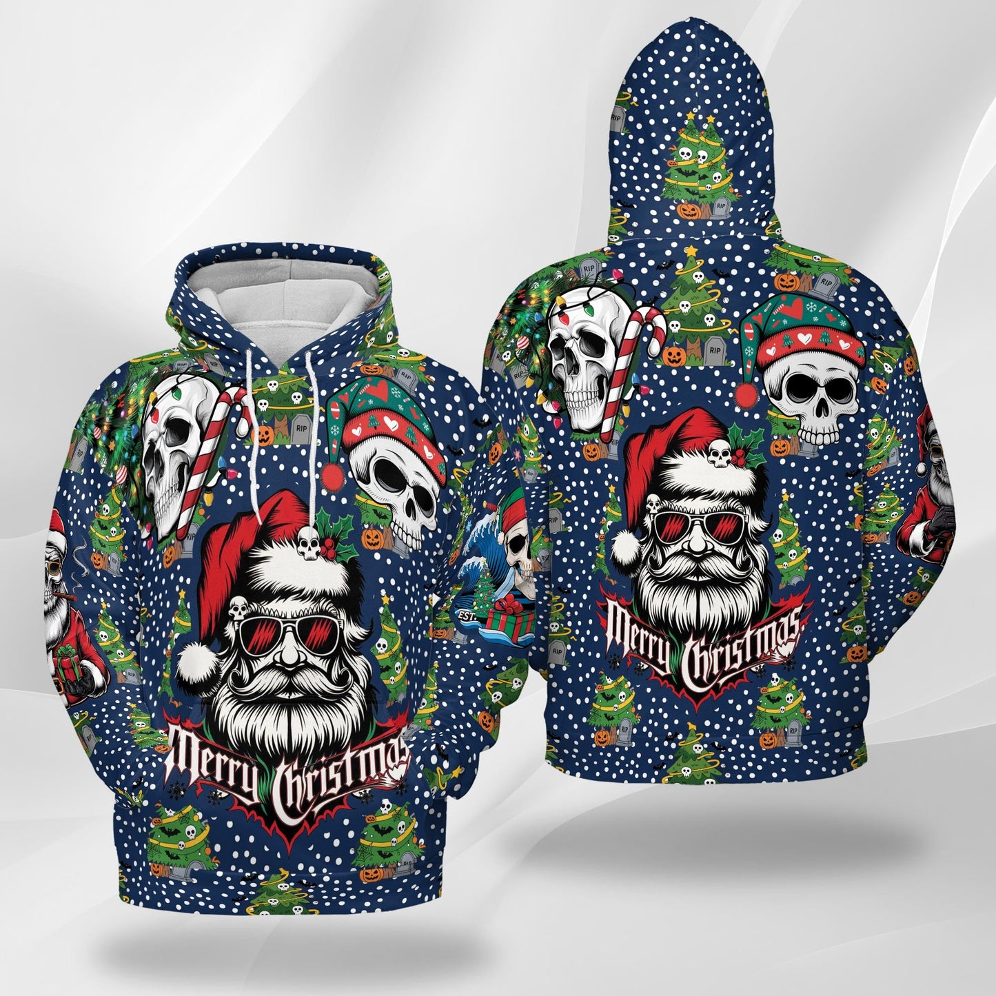Santa Skull Christmas All Over Print Hoodie, Graphic Design Gothic Skeleton Santa